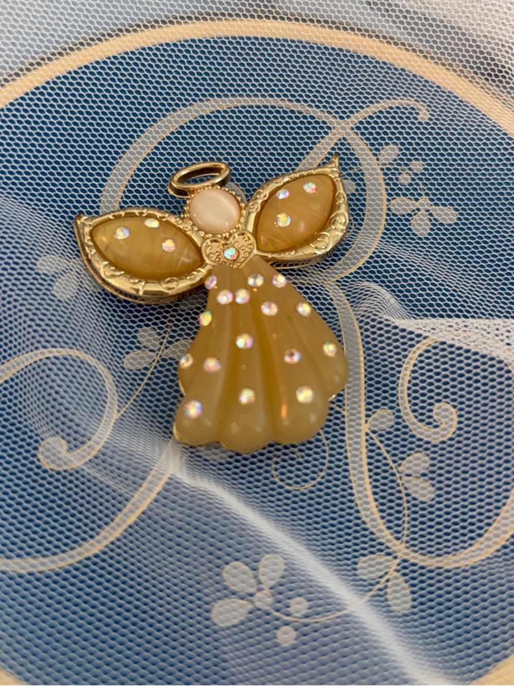 Vintage Lucite Yellow Angel Brooch with Crystal AB Accents